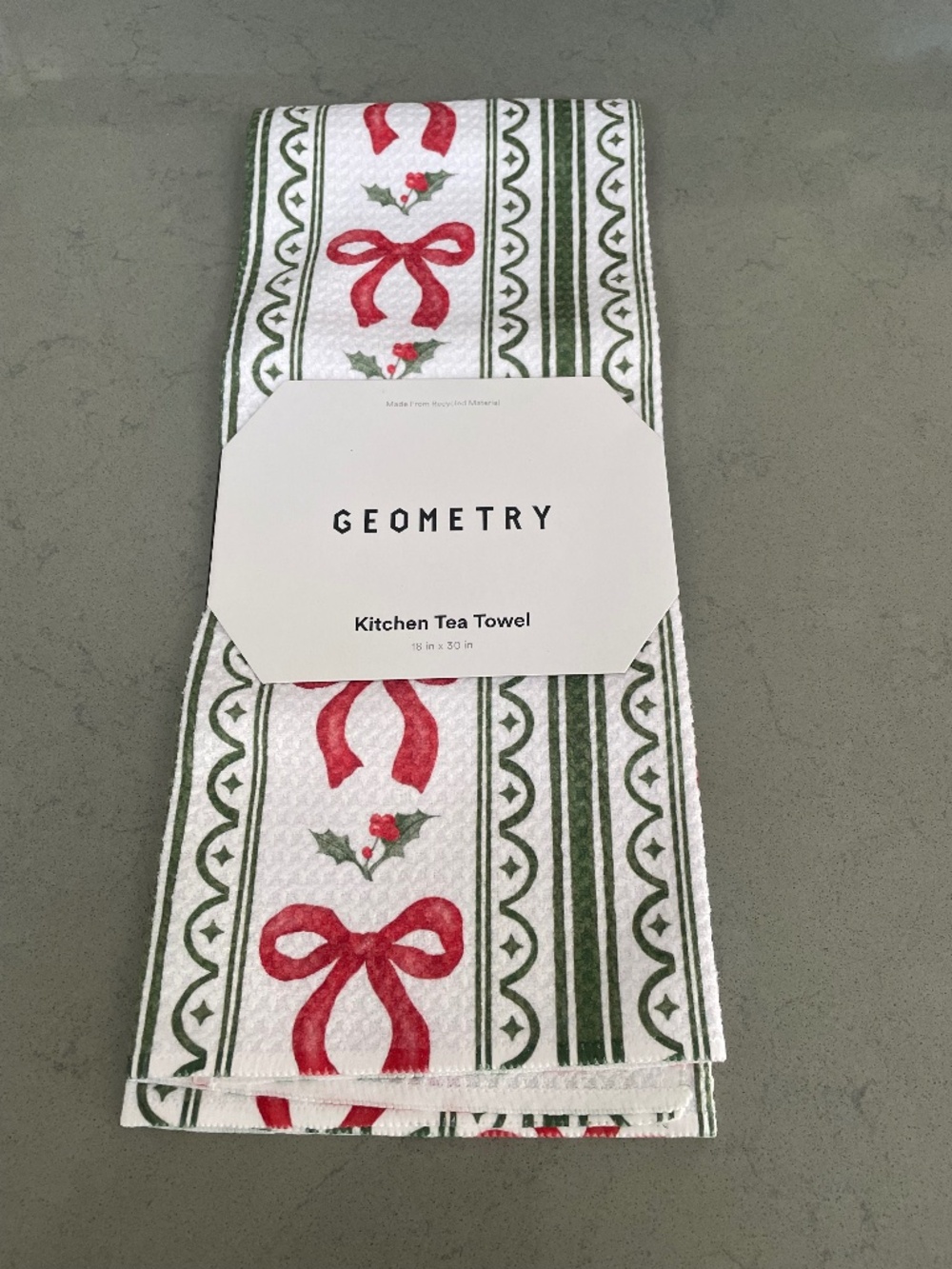 Geometry Kitchen Tea Towel- Christmas Bow Stripe Print Made from Recycled